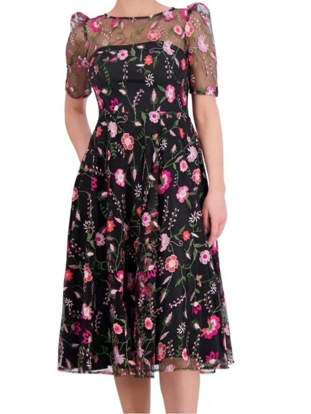 Elija J Embroidered Illusion Neck Cocktail Midi Dress Wedding Guest Size 18
